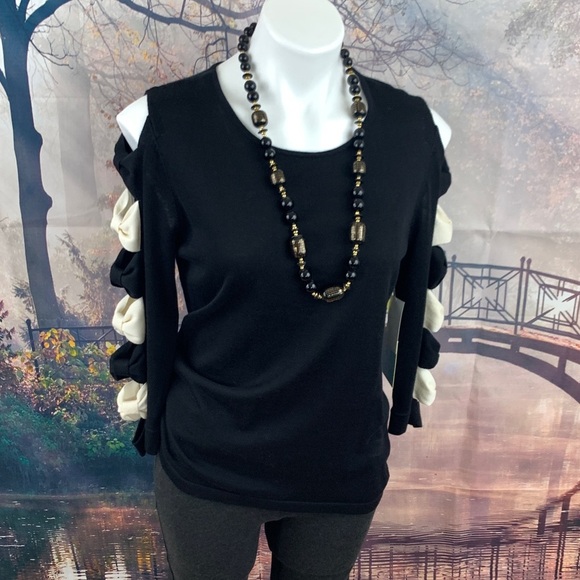 CeCe Black Cold Shoulder Bow Sleeve Sweater - Picture 3 of 10